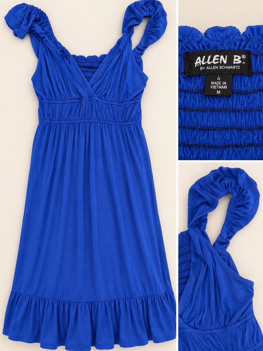 Allen B. by Allen Schwartz Cobalt Blue Ruched V-Neck Ruffle Midi Dress Size M